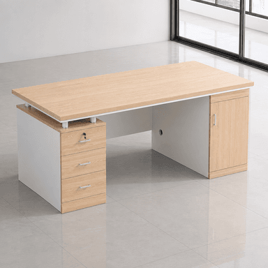A rectangular office desk featuring a light wood-look laminate tabletop and drawer/cabinet fronts, contrasted with white or light gray side panels and base. It includes an integrated three-drawer unit on the left, with a lockable top drawer, and a single-door cabinet on the right. The tabletop is elevated above the left storage unit by short, cylindrical metal risers, creating a floating appearance. A cable management grommet is visible on the central back panel. — 3D model