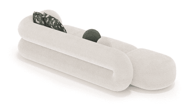 A contemporary curvilinear sofa featuring a low-profile, modular design upholstered in textured off-white bouclé fabric. The sofa comprises several rounded, pill-shaped segments that form the seat, backrest, and integrated armrests. It includes two square throw pillows with a dark green and off-white abstract pattern and one spherical solid dark green pillow. The base of the right armrest has a dark, possibly leather, accent band. — 3D model