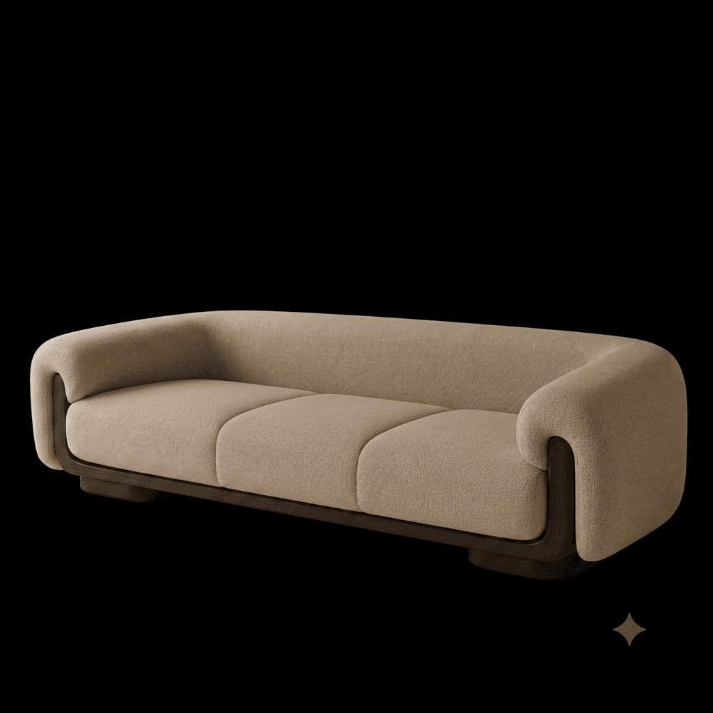 A modern three-seater sofa featuring a clean, minimalist design with soft, rounded forms. The sofa is upholstered in a textured beige fabric, offering a neutral palette. It rests on a substantial, dark-toned wooden plinth base, which is visible along the bottom edge and wraps around the front and back, providing a striking contrast to the lighter upholstery. The armrests are integrated and elegantly curved, blending seamlessly into the backrest. The seating area consists of three distinct cushions, suggesting comfortable individual support. — 3D model
