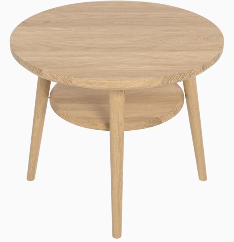 This is a minimalist round end table constructed from light-toned oak wood. It features a larger circular tabletop supported by three outward-angled, tapered legs, and a smaller, secondary circular shelf positioned below the main top. The natural wood grain is prominent across all surfaces, suggesting solid wood construction. The design is simple and functional, providing two levels for display or storage. — 3D model