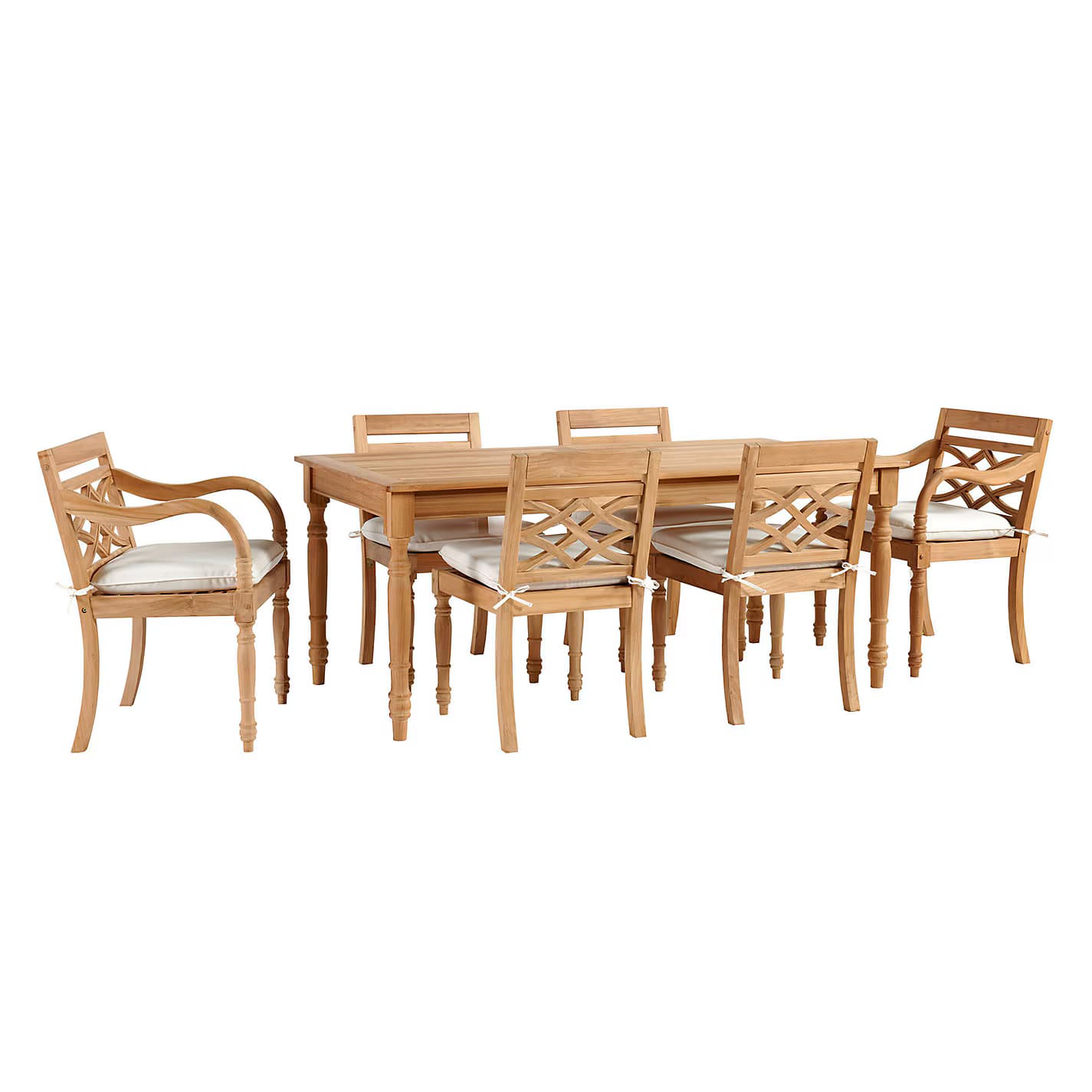 A wooden dining set comprising a rectangular table and six chairs. The table has a planked top and turned legs. The chairs feature slatted backs with a decorative lattice pattern, armrests, and seat cushions. — 3D model