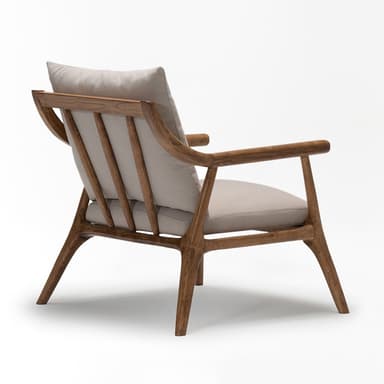 A modern lounge chair featuring a sturdy oak wood frame with gently curved armrests and tapered legs. The seat and backrest are fitted with thick, removable cushions upholstered in a light beige or grey fabric, providing a comfortable and inviting aesthetic. The design emphasizes clean lines and organic shapes. — 3D model