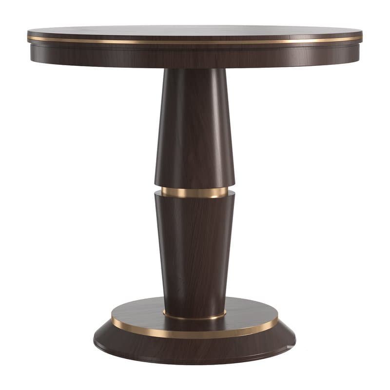 A dark wood round table with a distinctive pedestal base featuring brass accents, presented against a white background. — 3D model