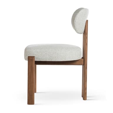 An armless contemporary dining chair featuring a solid dark wood frame and light grey fabric upholstery. The seat is a rectangular cushion, and the backrest is a rounded, padded panel. The chair stands on four straight, square-profile wooden legs, with visible joinery connecting them to the seat frame. — 3D model