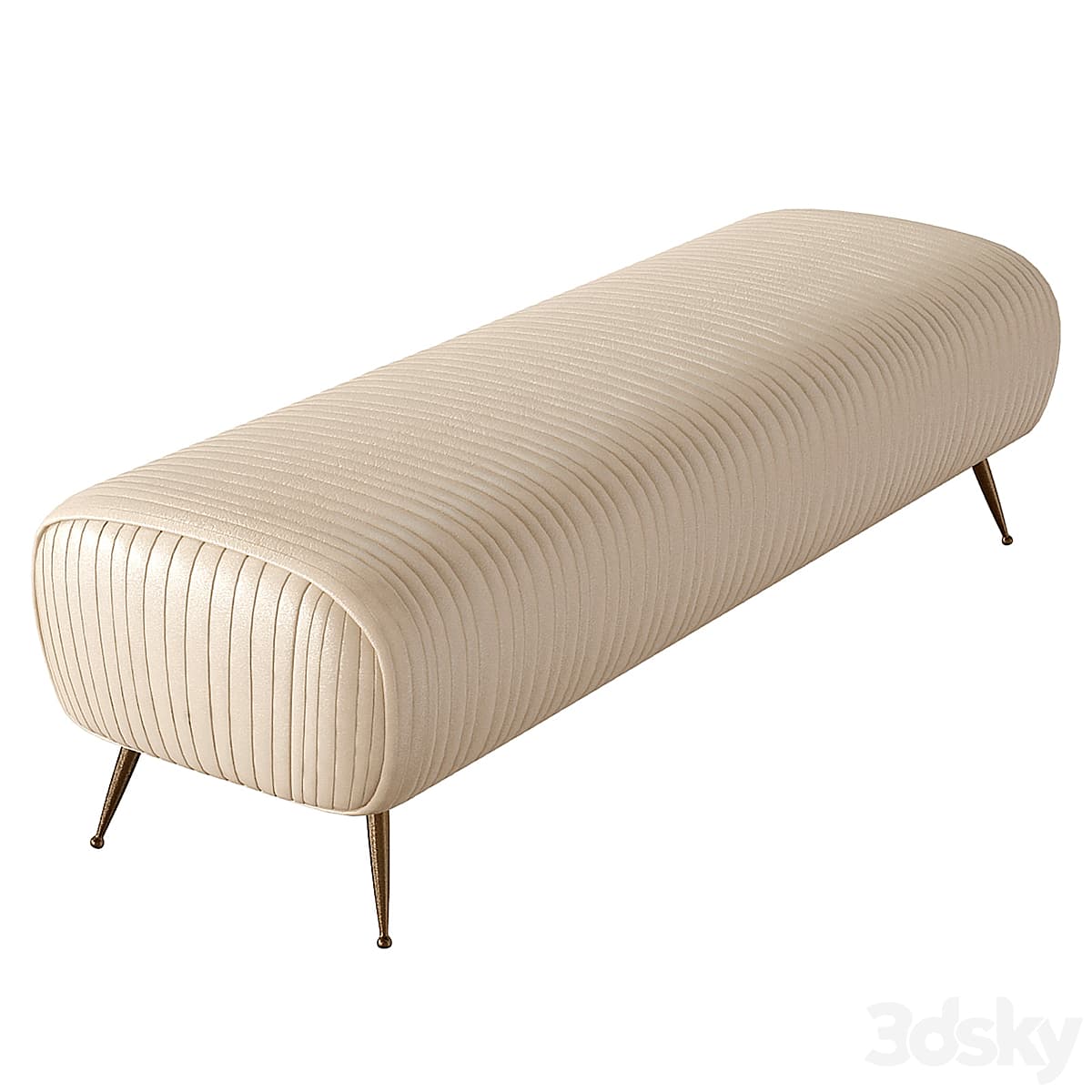 A long, low bench with a rounded, upholstered top and four slender, tapered legs. The upholstery features a ribbed or channel-tufted pattern running horizontally along the length and vertically at the rounded ends. The legs are thin and angled outwards, finished in a metallic tone. — 3D model