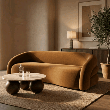 A contemporary sofa featuring a continuous, curved silhouette with integrated armrests and backrest, upholstered in a soft, camel-colored fabric. The design is fluid and sculptural, with a slightly undulating seat and no visible seams or distinct cushions, creating a seamless and inviting aesthetic. — 3D model
