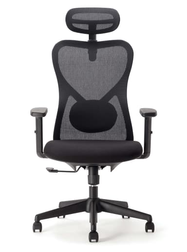 A modern black office chair featuring a high back with breathable mesh material, an adjustable mesh headrest, and a padded fabric seat. It has adjustable armrests, a pneumatic height adjustment mechanism, and a five-star caster base for mobility. — 3D model