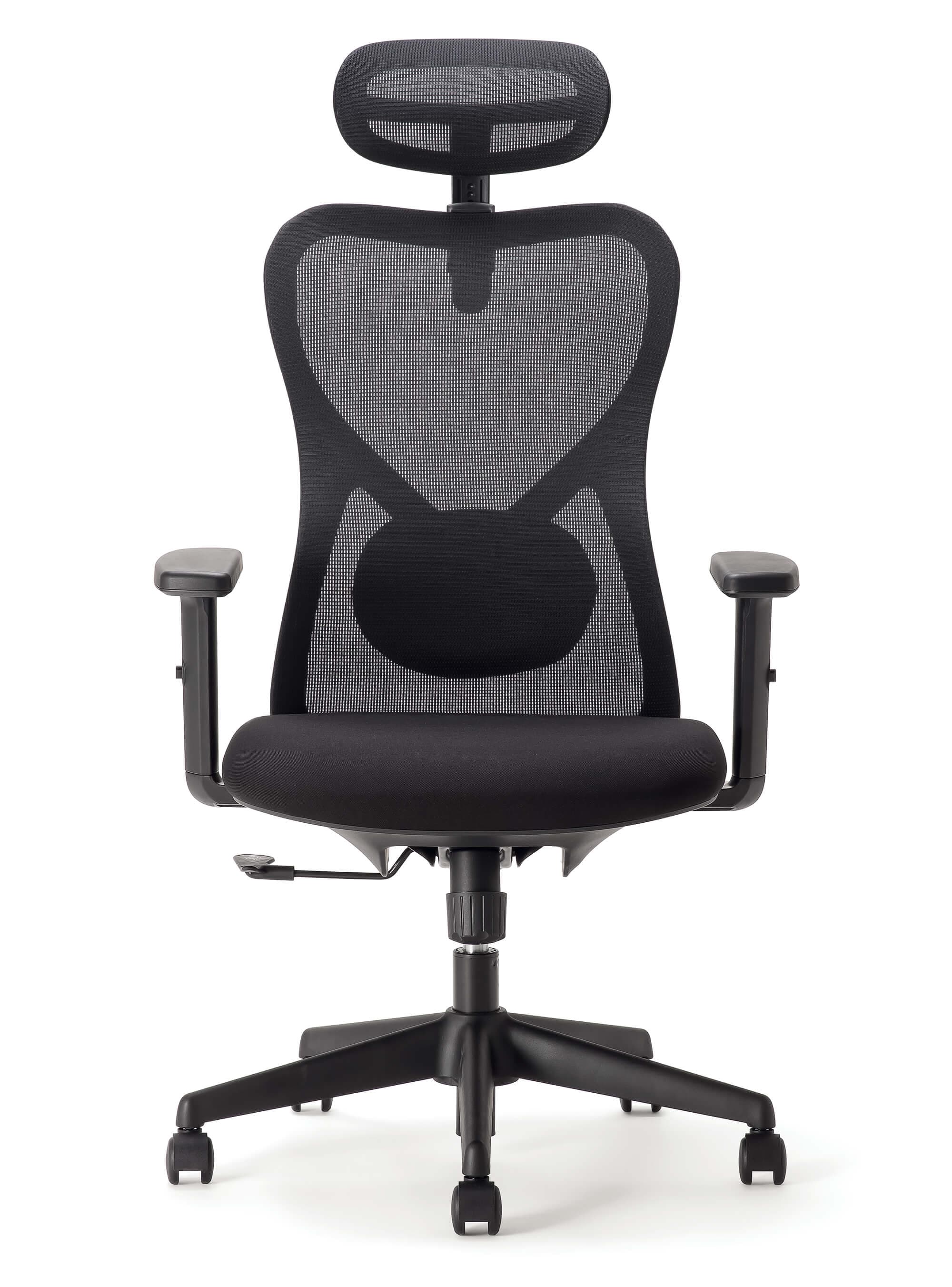 A modern black office chair featuring a high back with breathable mesh material, an adjustable mesh headrest, and a padded fabric seat. It has adjustable armrests, a pneumatic height adjustment mechanism, and a five-star caster base for mobility. — 3D model