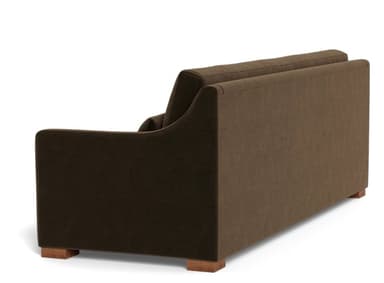 A contemporary upholstered sofa, viewed from a rear-side angle, featuring straight track arms, a slightly sloped back, and short block-style wooden feet. The entire piece is covered in a dark brown, subtly textured fabric. — 3D model