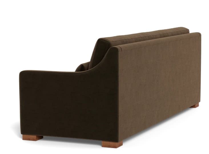 A contemporary upholstered sofa, viewed from a rear-side angle, featuring straight track arms, a slightly sloped back, and short block-style wooden feet. The entire piece is covered in a dark brown, subtly textured fabric. — 3D model
