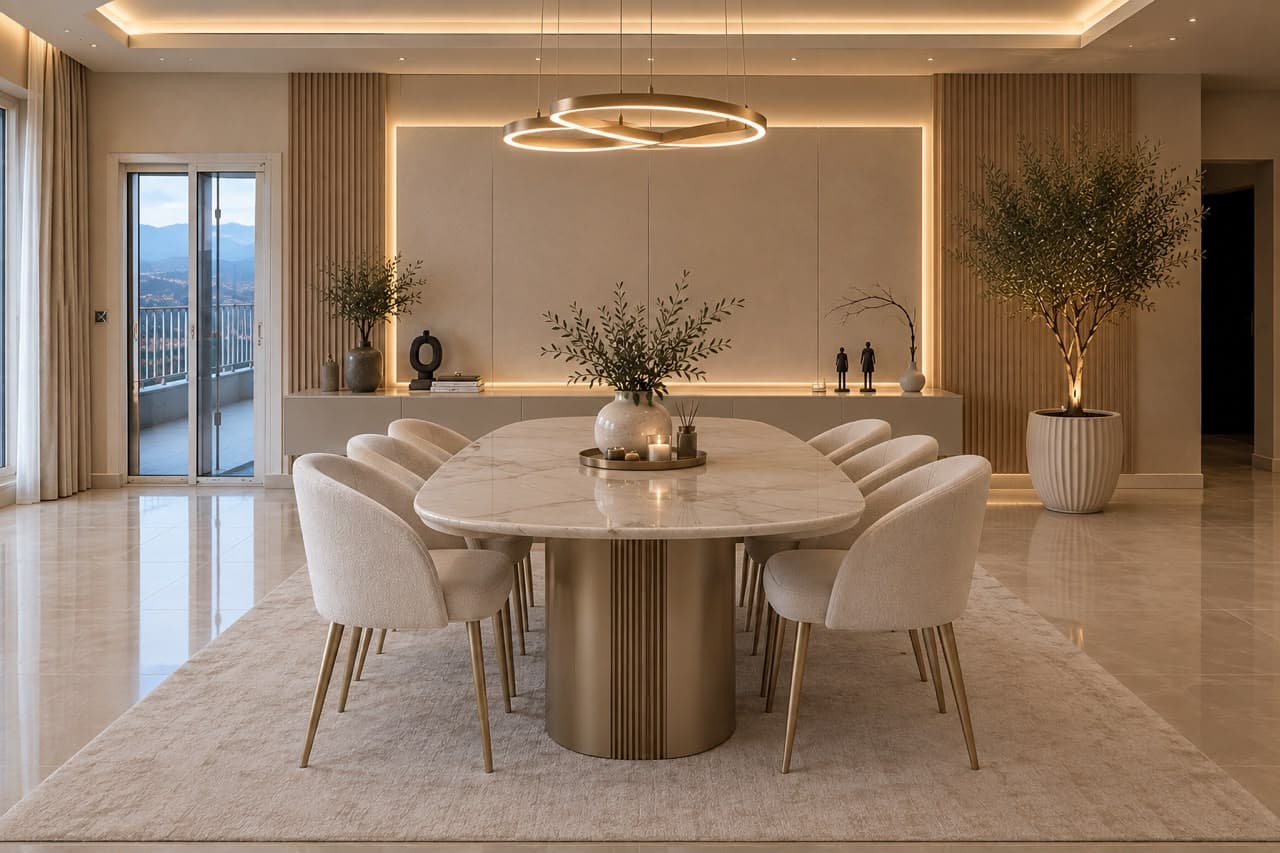 An elegant, modern dining table featuring an oval marble top and a sturdy, fluted metallic pedestal base. The tabletop exhibits natural veining patterns characteristic of marble, and its edges are softly rounded. The central base is finished in a warm, brushed gold or brass tone, providing a striking contrast and solid support. The table is surrounded by matching upholstered dining chairs. — 3D model