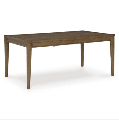 A rectangular dining table crafted from solid wood or wood veneer, featuring a medium brown finish that highlights the natural grain. It stands on four outwardly splayed, tapered legs, supporting a substantial tabletop with subtly rounded corners and a minimalist apron. — 3D model
