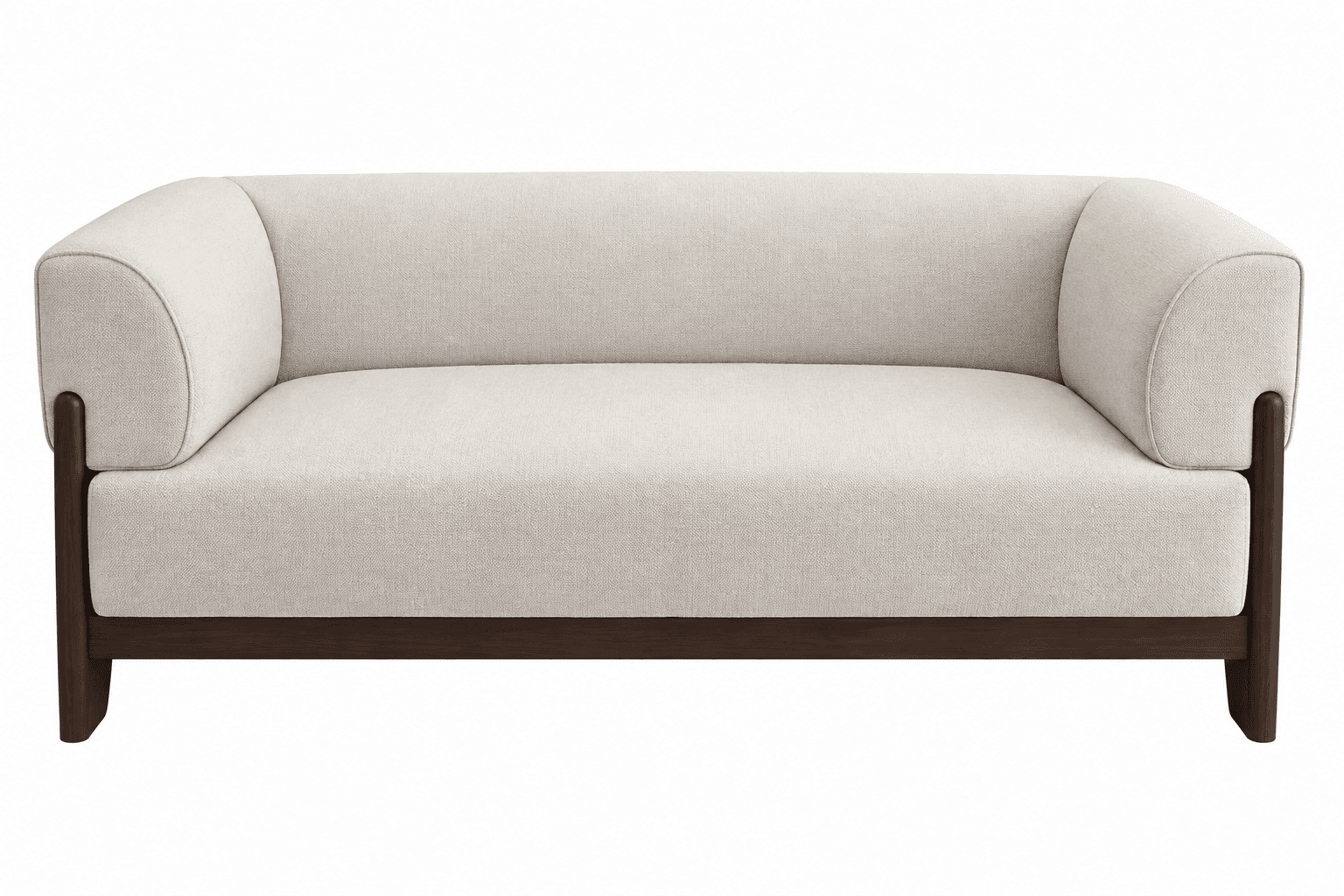 A modern two-seater loveseat featuring a light off-white, textured fabric upholstery and a dark-stained exposed wooden frame. The loveseat has gently rounded, integrated armrests and back, with a single, continuous seat cushion. The minimalist design is characterized by clean lines and slender, slightly tapered wooden legs. — 3D model