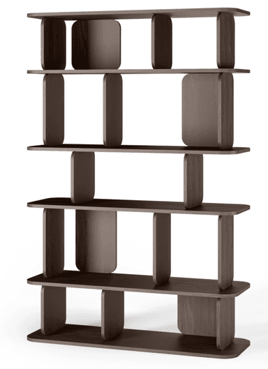 A modern, modular bookshelf constructed from dark-stained wood. It features multiple open shelves supported by vertical dividers, all characterized by soft, rounded edges. Some sections incorporate curved back panels that act as partial enclosures or stylistic dividers, creating varied display compartments within the grid-like structure. The design is sleek and contemporary. — 3D model
