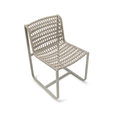 An armless chair featuring a gray tubular metal frame with a sled base, and a woven beige synthetic rope forming the seat and backrest. The design is modern and minimalist. — 3D model