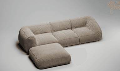 A modular sectional sofa with an accompanying ottoman. The sofa features a low profile, plush cushioning, and a fabric upholstery. The design is characterized by rounded forms and segmented seating areas achieved through stitching. — 3D model