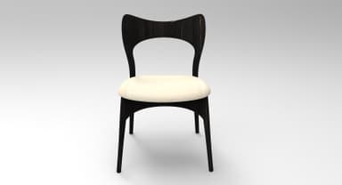 A contemporary dining chair featuring a dark-stained wood frame and a light-colored upholstered seat. The chair has a distinctive sculpted backrest with a central cut-out, offering an elegant and modern aesthetic. Its legs are slender and tapered, contributing to a sleek profile. — 3D model