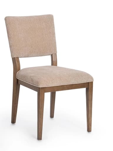 A dining chair with a fabric-upholstered seat and backrest. The chair features a wooden frame with four tapered legs. The backrest has a slightly curved top and is supported by wooden uprights that extend from the seat frame. The seat is square-shaped and upholstered. — 3D model