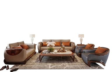 A contemporary living room set featuring a sofa, two accent chairs, and a coffee table, all unified by a distinctive design incorporating curved wooden frames and contrasting upholstery. — 3D model