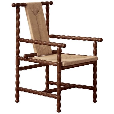 An armchair featuring a frame entirely constructed from bobbin-turned wood, finished in a dark brown hue. The seat and backrest are crafted from a tightly woven natural fiber, likely rush or a similar cord, in a light beige color. The backrest is angled for comfort, and the chair includes armrests with continued bobbin detailing. The legs and stretchers also feature the distinctive turned bobbin design. — 3D model