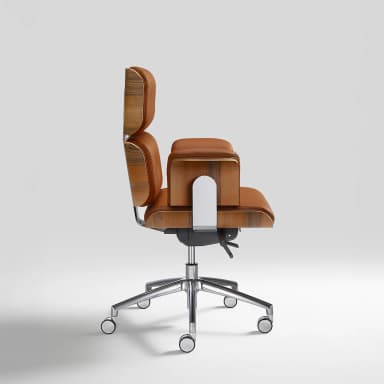 A modern desk chair with a distinctive design, featuring a curved wooden shell for the seat and backrest, upholstered in brown leather. The chair is supported by a polished metal five-star base with casters for mobility, and a central gas lift mechanism for height adjustment. A vertical metal support connects the seat to the backrest. — 3D model