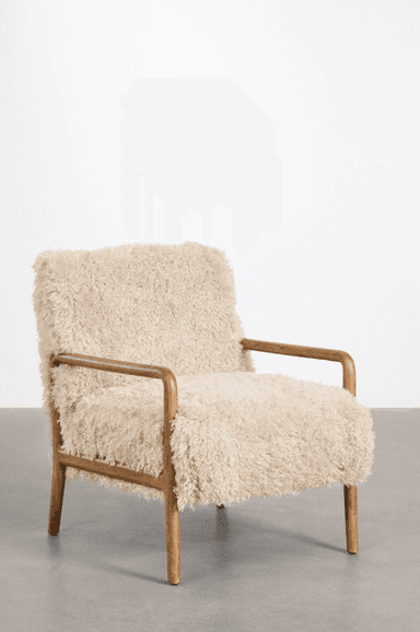 A cream-colored armchair with a textured, fluffy upholstery. The frame and armrests are made of polished wood, featuring a minimalist design with gently curved lines. The chair rests on four wooden legs. — 3D model