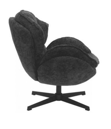 A dark gray armchair with a high, rounded back and seat, featuring layered, petal-like upholstery. The chair has a swivel base with four splayed legs in a matte black finish. The fabric appears to be a textured, low-pile textile. — 3D model