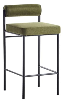 A contemporary bar stool featuring an upholstered seat and a cylindrical backrest, supported by a minimalist black metal frame. The upholstery is a textured olive green fabric, and the frame includes integrated footrests. — 3D model
