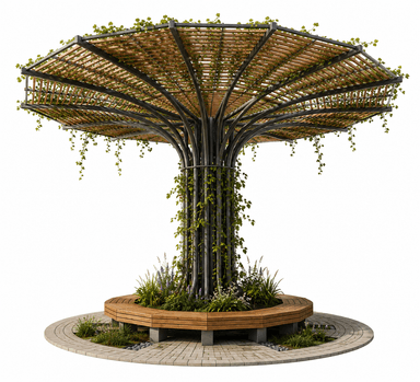 A large, contemporary outdoor structure designed to provide both shade and seating. It features a central, tree-like metal column that branches out to support a wide, circular canopy made of slatted wood and covered with climbing green plants. A segmented, circular wooden bench is integrated into the base, surrounding a central planter with additional foliage, all set on a paved circular platform. — 3D model