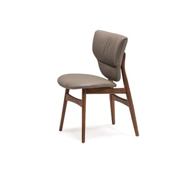 A modern dining chair with a solid wood frame and a upholstered seat and backrest. The backrest has a unique, slightly curved shape that contours to the user's back. The frame is constructed from dark wood, possibly walnut or a similar hardwood, with a natural finish. The upholstery appears to be leather or a high-quality faux leather in a neutral taupe color. The chair has a sleek, minimalist design with visible stitching on the upholstery. — 3D model