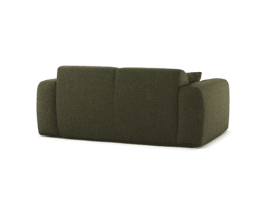 A modern, upholstered two-seater loveseat in a dark green textured fabric, presented on a white background. It features a low profile with soft, rounded edges on the arms and back, giving it a plush, inviting appearance. The seating area is divided into two distinct cushions, and two matching square throw pillows are placed on either side. — 3D model