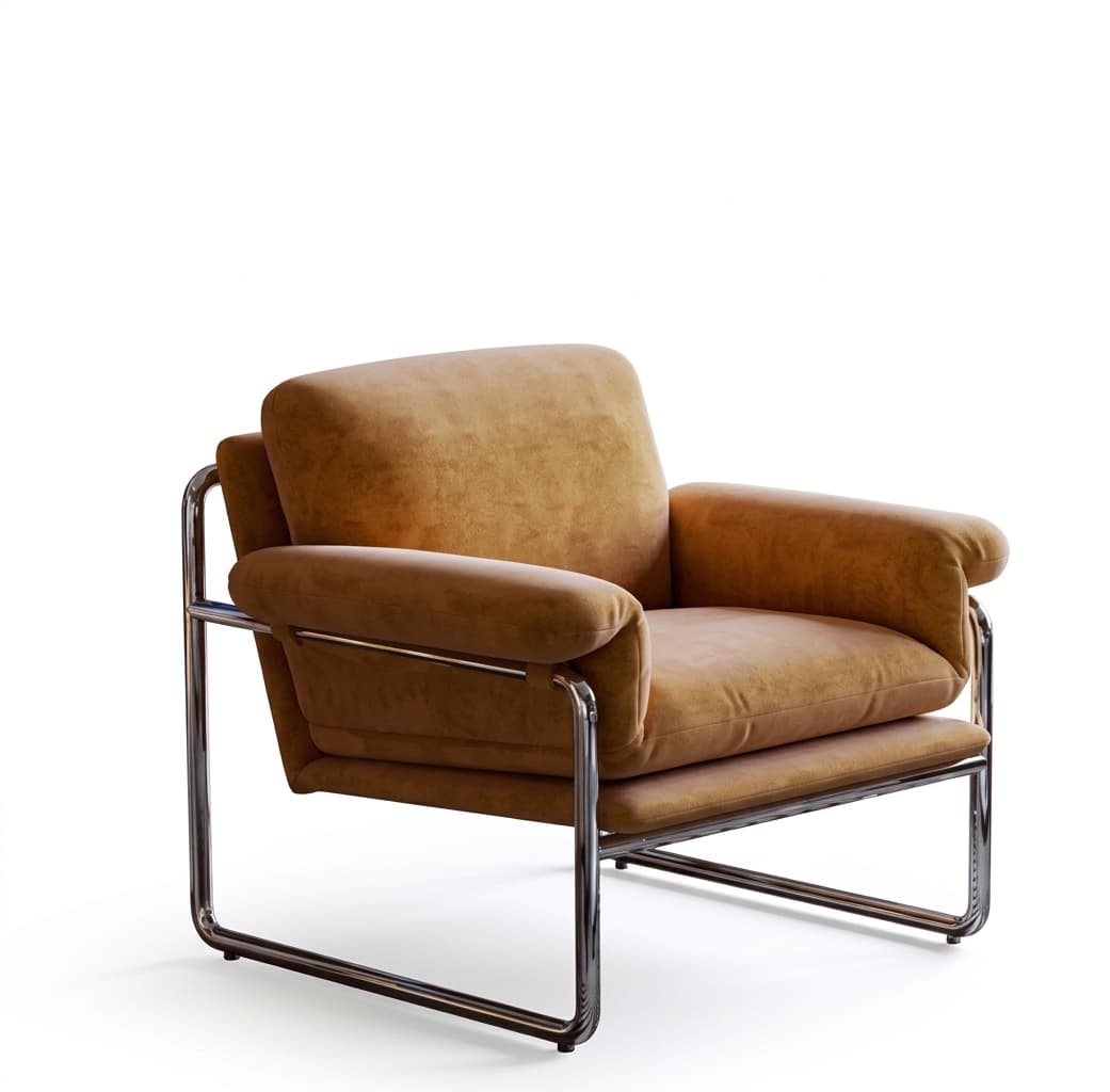 A modern lounge chair featuring a polished tubular chrome frame and plush, camel-colored upholstery. The chair has deep, soft cushions for the seat, back, and arms, giving it a comfortable yet minimalist appearance. The frame forms a continuous loop for the base and armrests, creating an open and airy structure. — 3D model