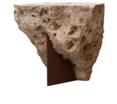 A console table with a natural, rough-hewn stone top that appears to be a single piece of travertine or similar porous rock. It is supported by a triangular metal base. The stone has an irregular, weathered surface with visible pores and indentations, giving it an organic and rustic aesthetic. The metal base is a dark, matte brown and provides a stark contrast to the natural stone. — 3D model