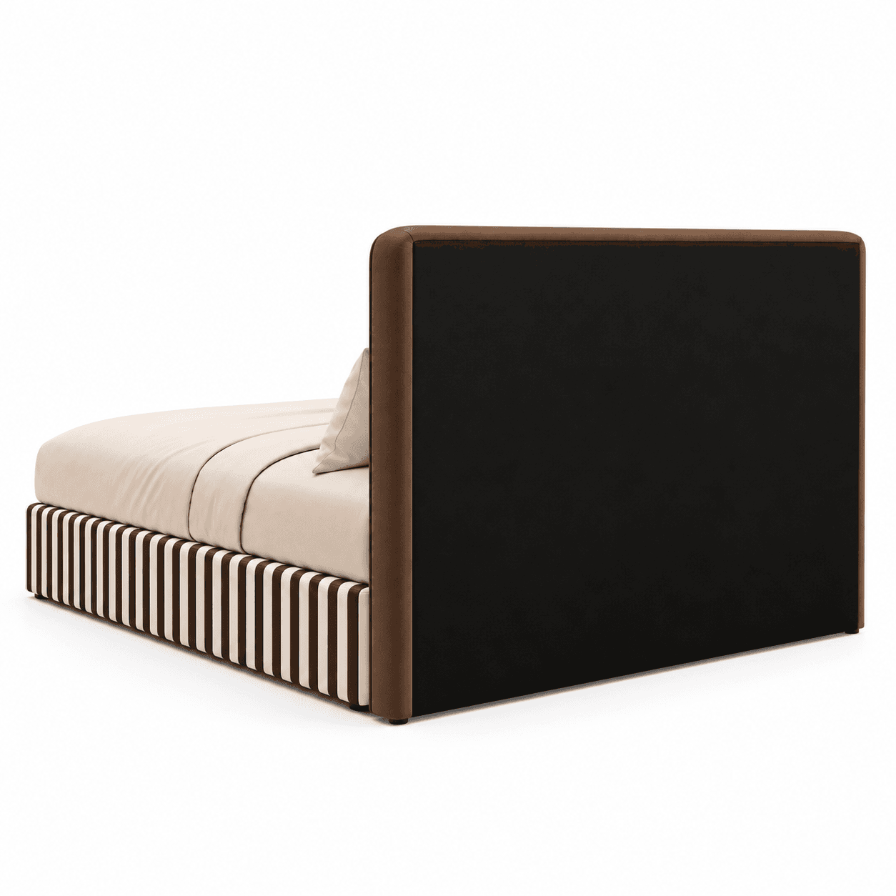 An upholstered platform bed featuring a distinctive design. The headboard has rounded corners, with a dark central panel framed by a brown upholstered border. The bed base is fully upholstered with a striking vertical stripe pattern in alternating beige/cream and dark brown/black. The bed is presented with light beige bedding. — 3D model