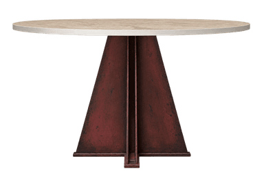 A contemporary console table featuring a grey concrete half-moon shaped top and a sculptural, angular metal pedestal base with a distressed dark red/rust finish. The base is composed of several tapering metal sheets forming a substantial, inverted-pyramid-like structure. — 3D model