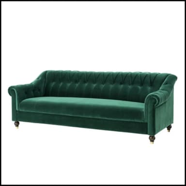A velvet upholstered sofa with deep button tufting along the back and arms. The sofa features rolled arms and sits on short, decorative wooden legs with brass accents. The back is tufted and curves slightly outwards. The color is a rich emerald green. — 3D model