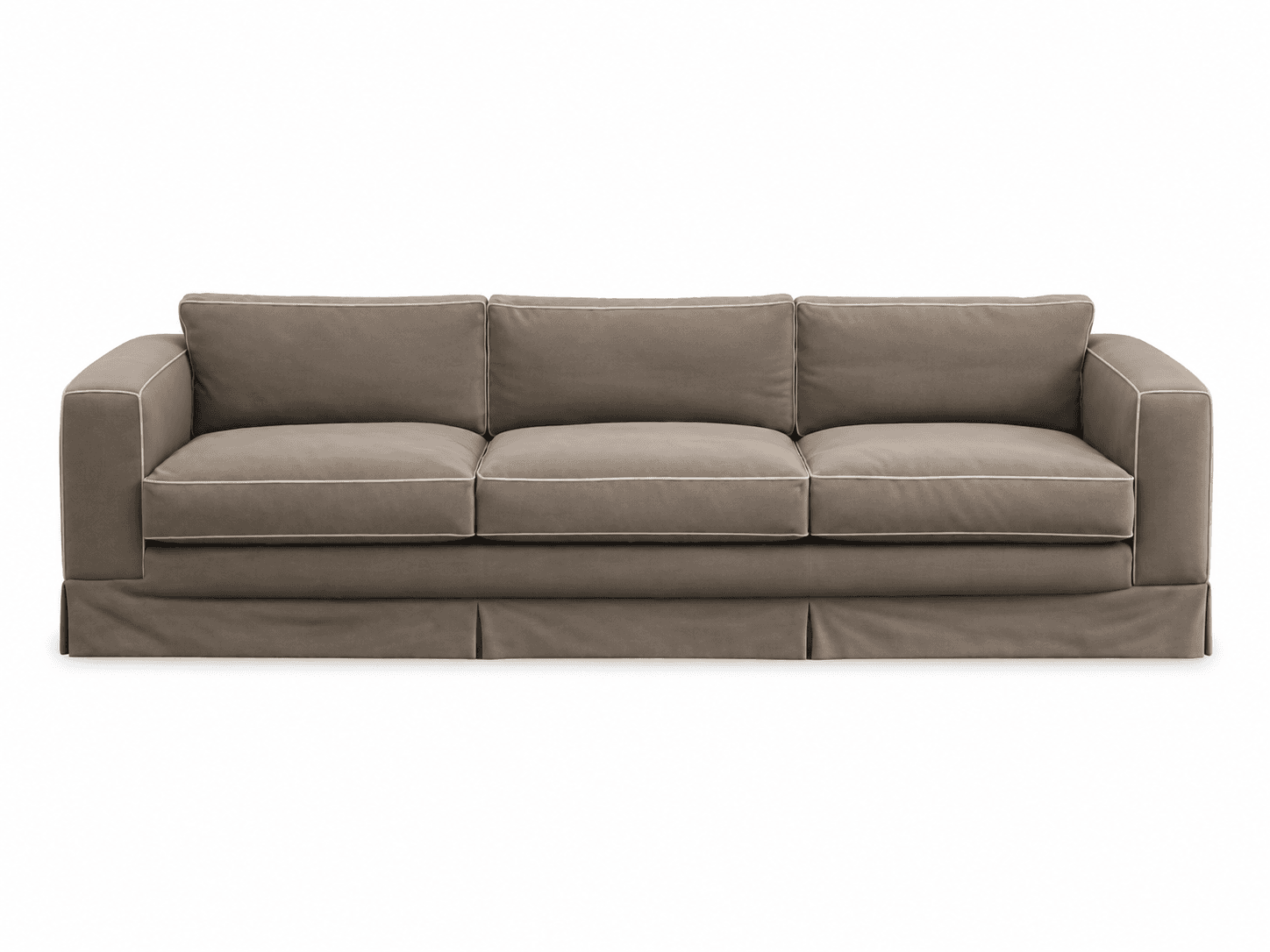 A three-seater sofa upholstered in a neutral taupe fabric, featuring three seat cushions, three back cushions, and wide square arms. The sofa includes a pleated skirted base and light-colored piping detail along all cushion and arm edges. — 3D model