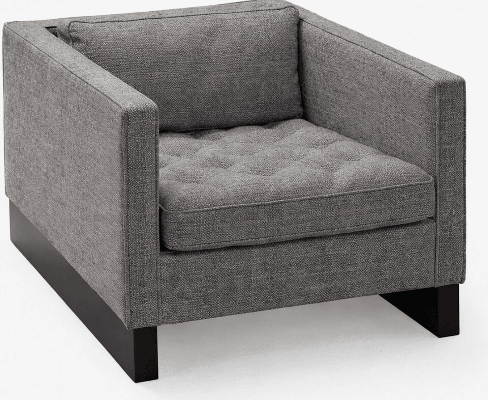 A contemporary armchair upholstered in a textured grey fabric. The armchair features a square silhouette with thick, padded arms and a backrest. The seat cushion is tufted with diamond stitching. It is supported by a dark-colored, low-profile base and legs. — 3D model