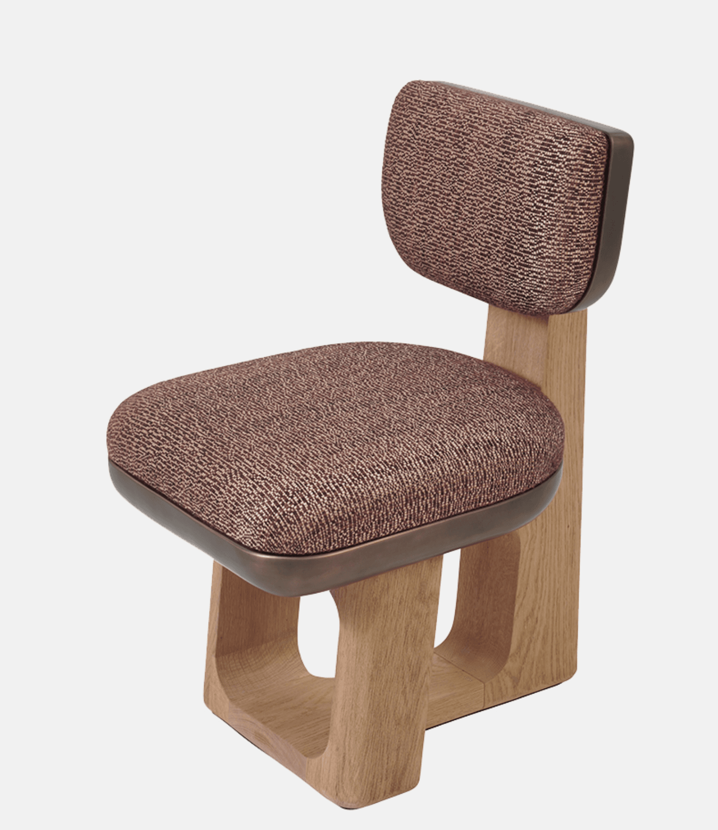 A contemporary armless accent chair featuring a sculpted wooden base, upholstered seat, and backrest, with a dark metallic trim. The chair has a distinctive, modern aesthetic. — 3D model