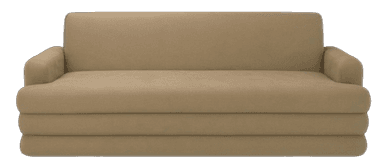 A three-seater sofa upholstered in a textured, light brown fabric. The sofa features a clean-lined design with rounded armrests and a distinct stacked cushion appearance on the seat. The backrest is a single, continuous surface, and the overall construction suggests a modern aesthetic. — 3D model