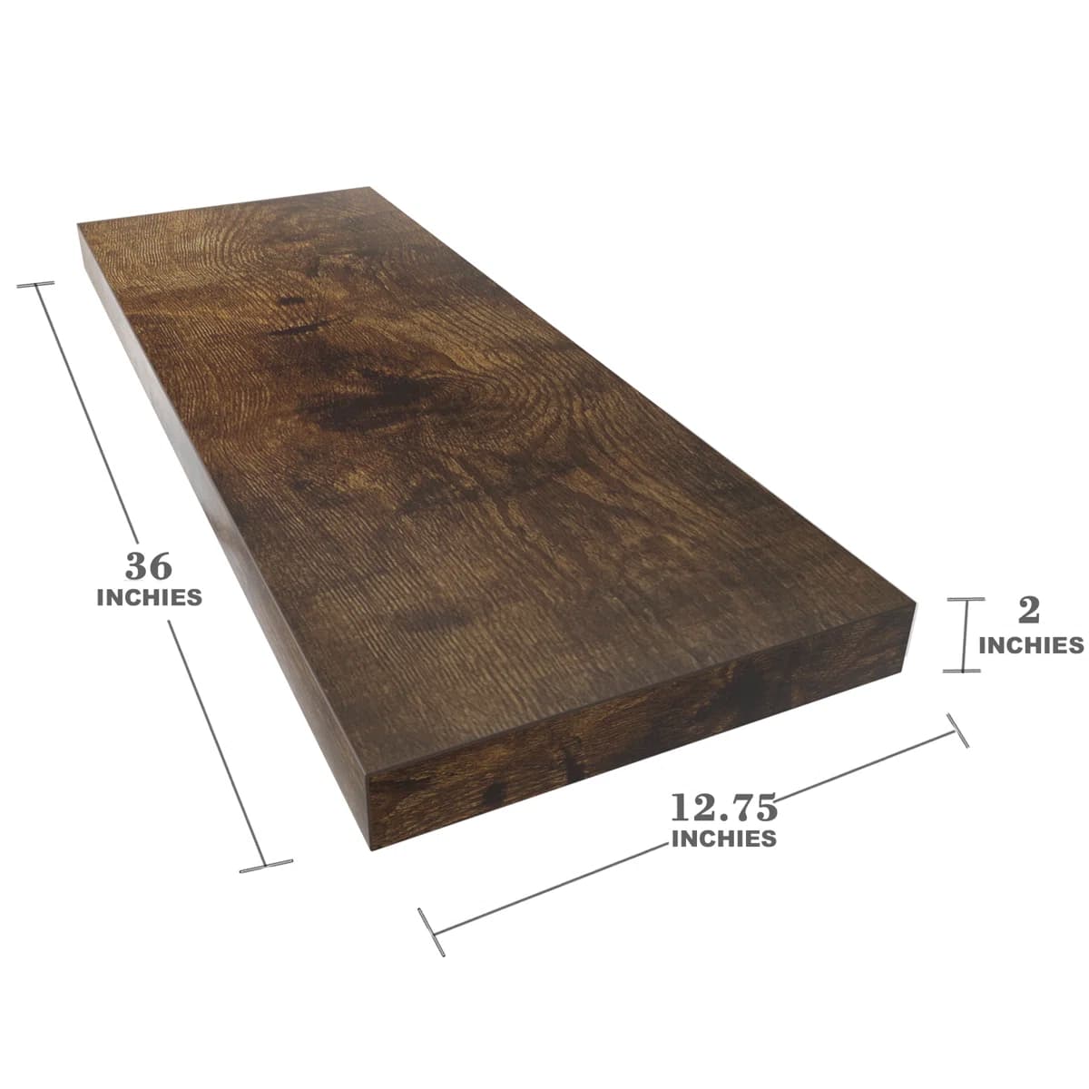 A rectangular floating wall shelf featuring a distressed dark brown wood-look finish. The surface exhibits a prominent wood grain texture, mimicking aged solid wood. The shelf has clean, straight edges and a consistent thickness, designed for contemporary or rustic interiors. — 3D model