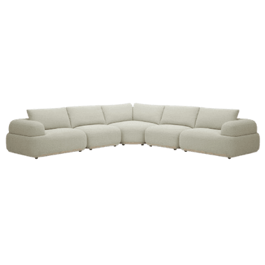 A contemporary modular sectional sofa upholstered in light-colored bouclé fabric, featuring multiple individual seating units arranged in an L-shape. The design emphasizes soft, rounded forms and includes separate back cushions and wide, low arms on the end pieces. The overall aesthetic is modern and inviting. — 3D model