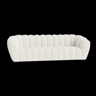 A plush, cream-colored sofa with a channel-tufted design. The sofa features rounded armrests and a continuous backrest, all upholstered in a textured fabric. It appears to be a three-seater or larger. — 3D model