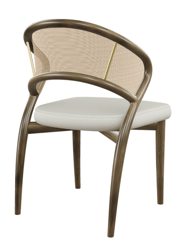 A dining chair with a curved wooden frame and a woven cane backrest. The seat is upholstered in a light grey fabric. The legs are tapered wooden spindles. — 3D model