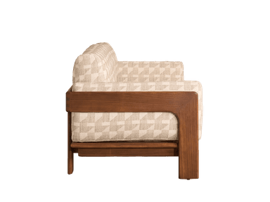 A single-seater armchair with a wooden frame and upholstered seating and backrest. The upholstery features a geometric pattern in neutral tones. The wooden frame has clean lines and a smooth finish. — 3D model