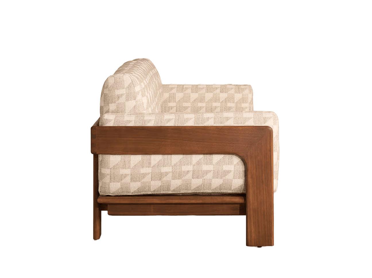 A single-seater armchair with a wooden frame and upholstered seating and backrest. The upholstery features a geometric pattern in neutral tones. The wooden frame has clean lines and a smooth finish. — 3D model