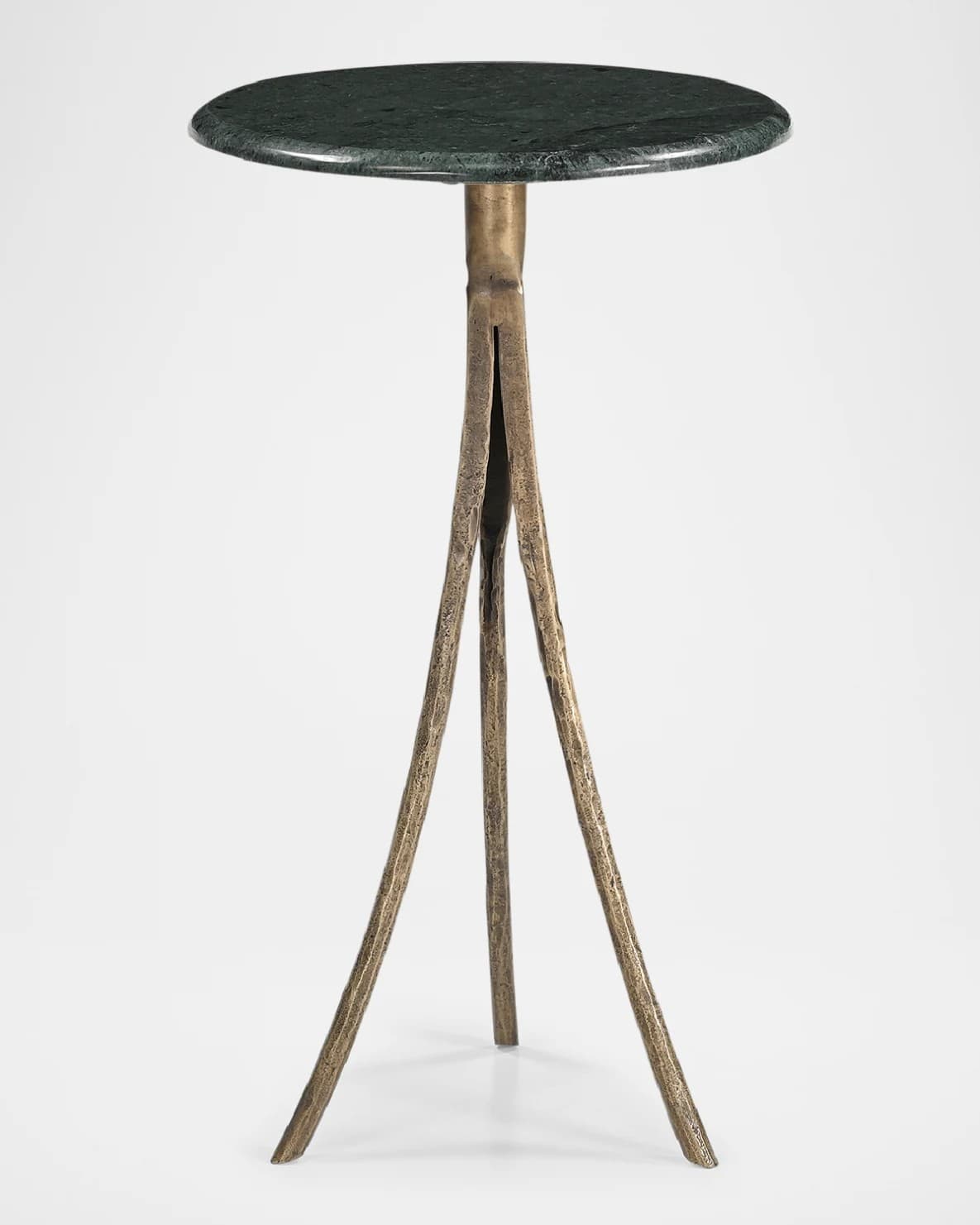 A small, round-topped side table with a tripod base. The tabletop appears to be made of dark green veined stone, possibly marble. The base consists of three slender legs that converge at the top, supporting the stem of the tabletop. The legs and stem have a textured, metallic appearance, likely cast metal. — 3D model