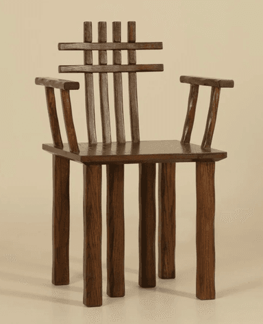 A robust, rustic armchair crafted from dark-stained wood, featuring a distinctive slatted backrest with both vertical and horizontal elements. The chair has a square, solid seat and integrated armrests. Its sturdy, straight legs contribute to its durable appearance, and the visible grain suggests solid wood construction. — 3D model
