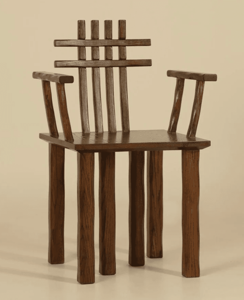 A robust, rustic armchair crafted from dark-stained wood, featuring a distinctive slatted backrest with both vertical and horizontal elements. The chair has a square, solid seat and integrated armrests. Its sturdy, straight legs contribute to its durable appearance, and the visible grain suggests solid wood construction. — 3D model