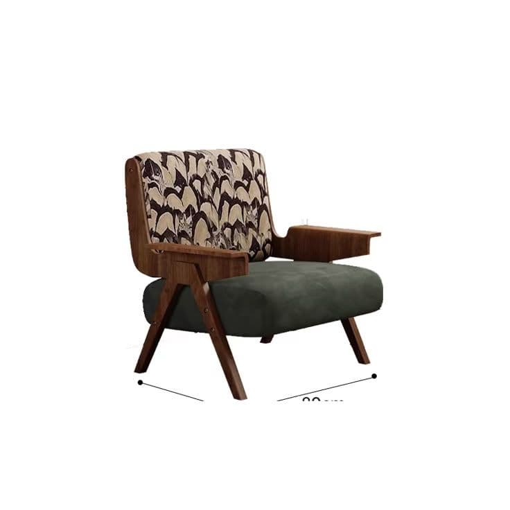 An armchair featuring a visible dark wood frame with a patterned upholstered backrest and a solid dark green upholstered seat cushion. The chair exhibits a distinctive Mid-Century modern aesthetic with its angled legs and integrated wooden armrests. — 3D model